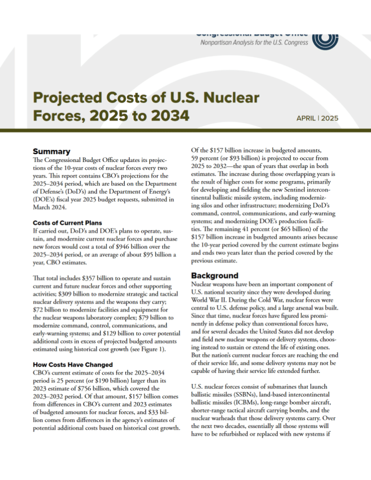 2025年至2034年美国核力量预计成本