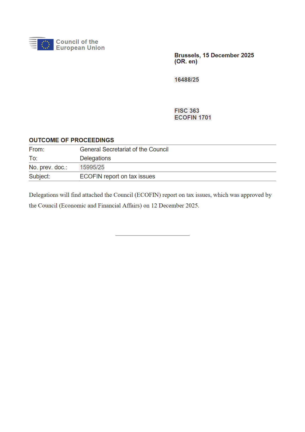 欧盟理事会税收问题报告（ECOFIN, 2025年12月）