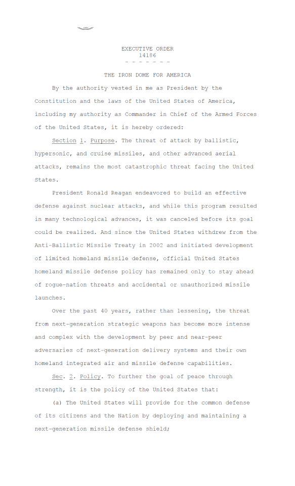 特朗普签署“铁穹计划”：加速构建下一代导弹防御系统