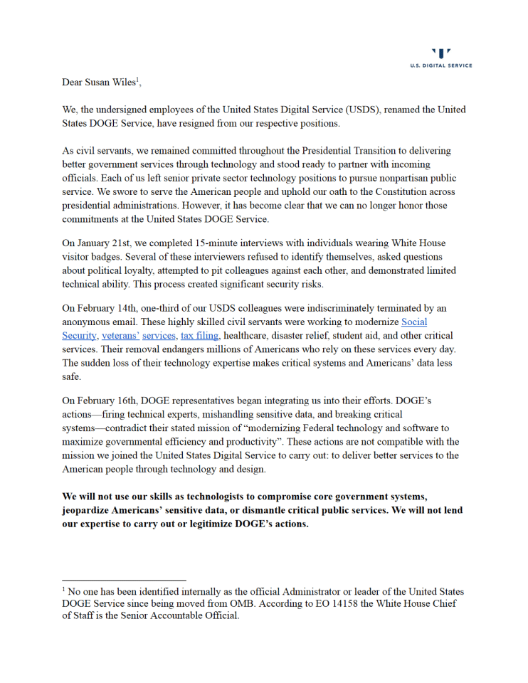 DOGE团队21人联名辞职信