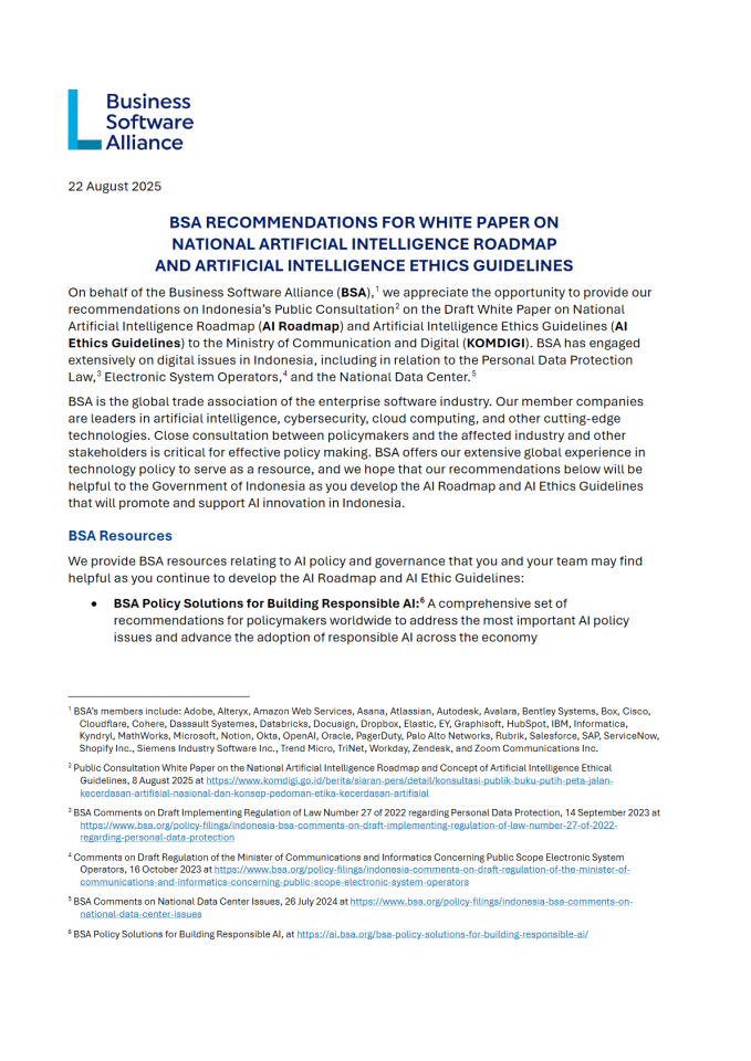 BSA（商业软件联盟）：关于印尼国家人工智能路线图和伦理准则的建议