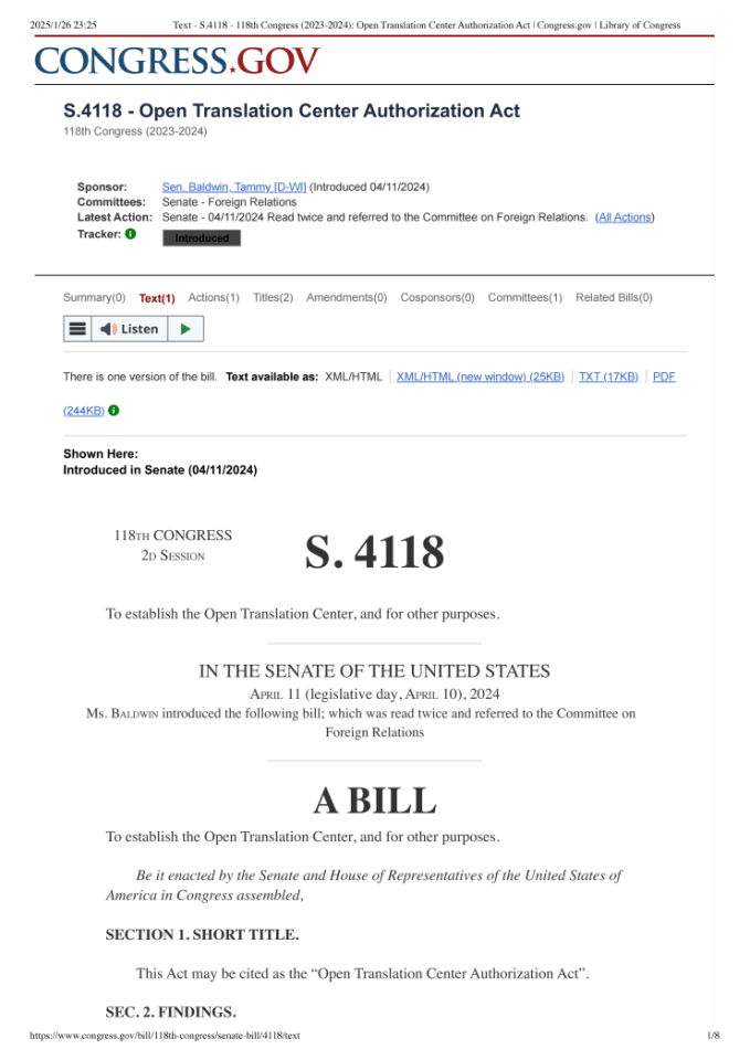 《开放翻译中心授权法案》（2024）