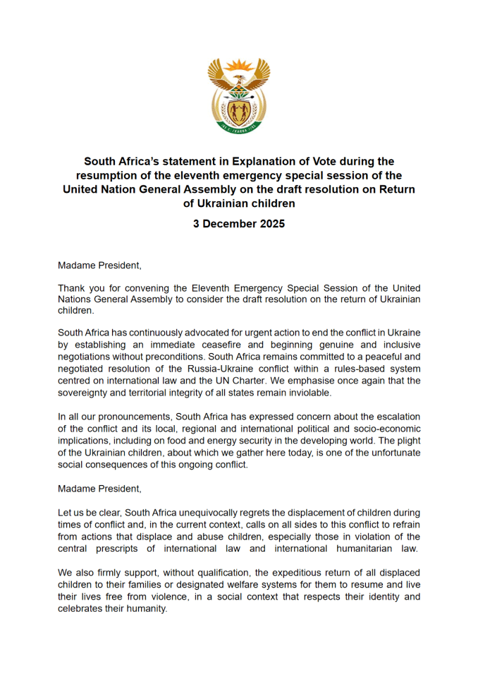 南非在联合国大会关于乌克兰儿童返回问题的决议草案上的投票立场声明