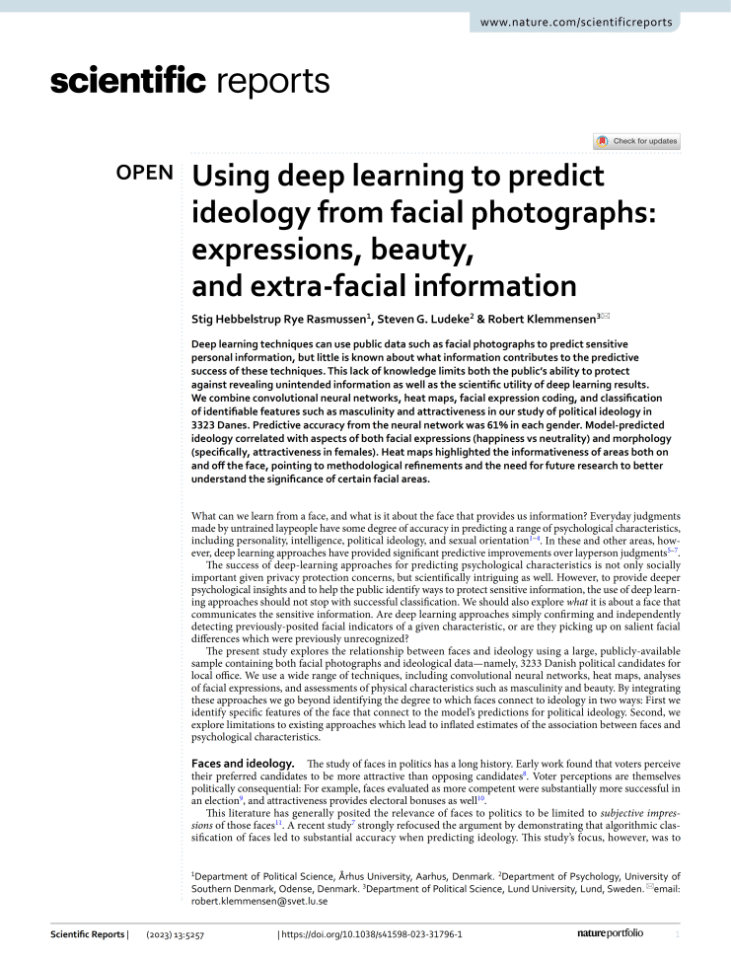 利用深度学习从面部照片预测意识形态：表情、吸引力与面部外信息