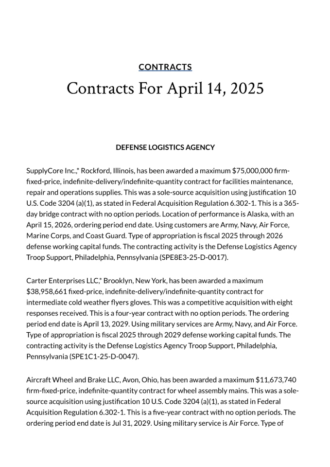 2025年4月14日美国国防部项目合同清单分析报告