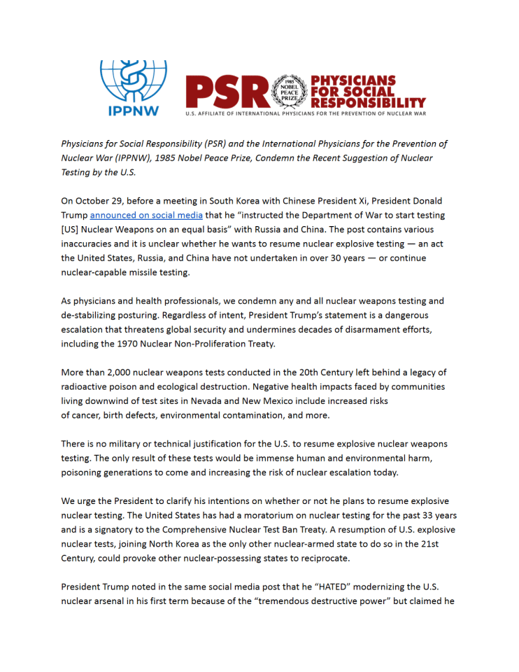 社会责任医师协会（PSR）和国际防止核战争医师协会（IPPNW）：谴责美国核试验提议