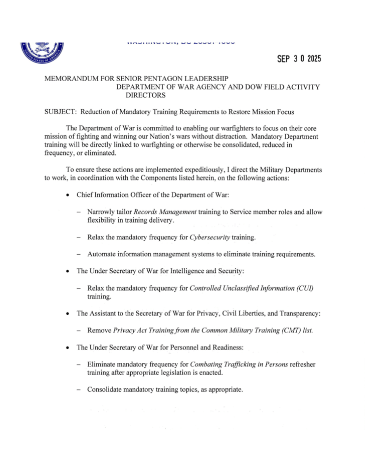 美国战争部备忘录：陆军现代化与战备能力提升措施