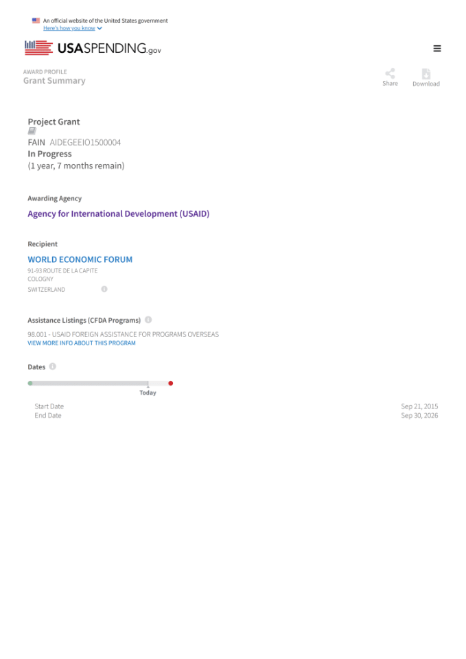 美国国际开发署对世界经济论坛的资助项目评估（2015-2026）