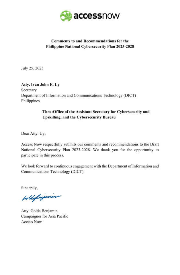 对菲律宾2023-2028年国家网络安全计划的评论与建议