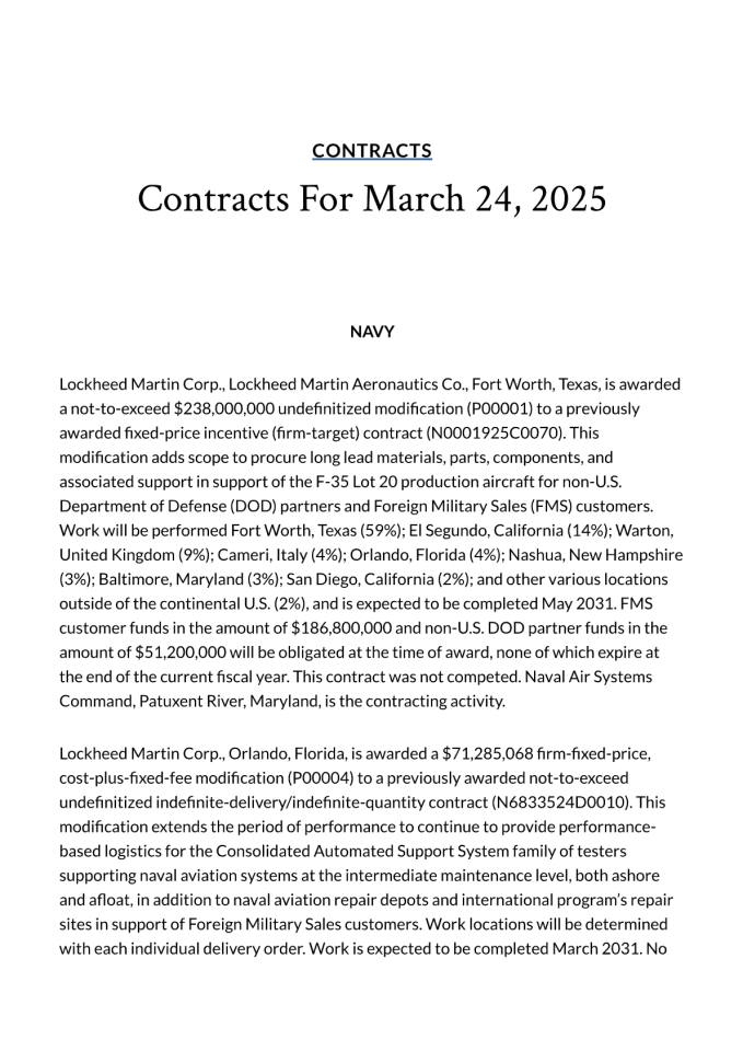 美国国防部2025年3月24日合同公告分析报告