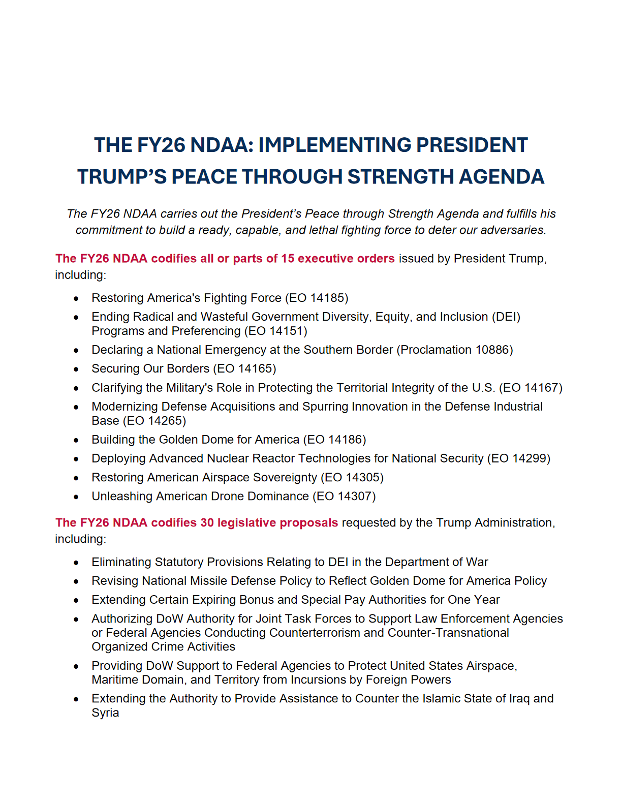 《2026财年国防授权法案：落实特朗普“以实力求和平”议程》