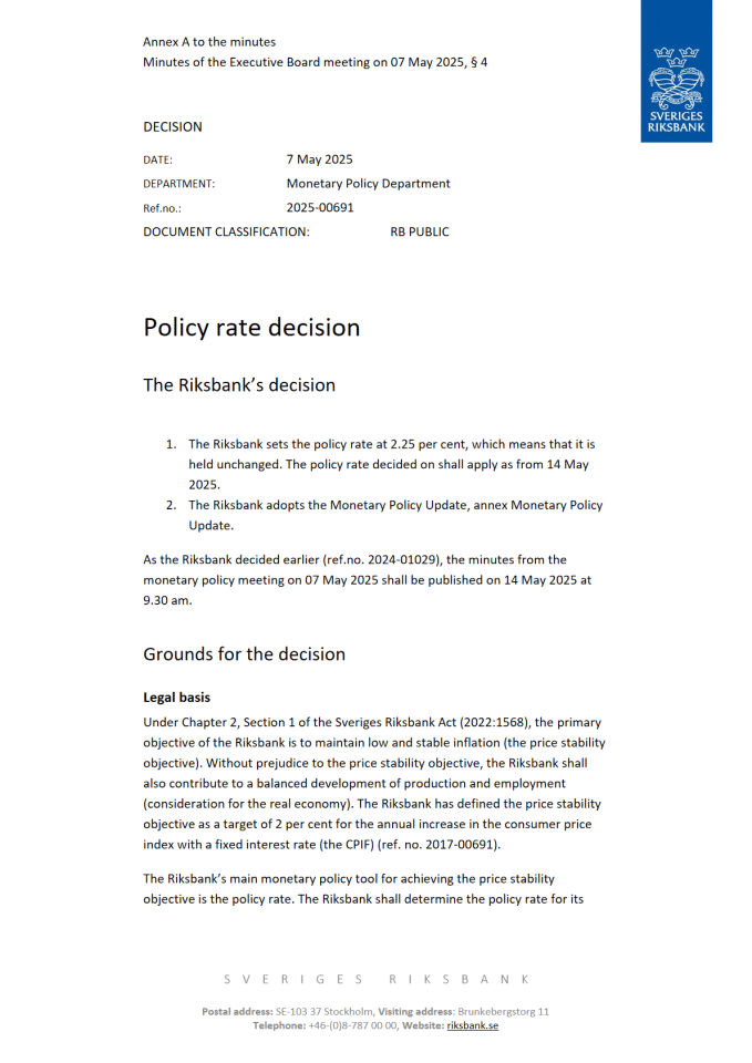 瑞典央行：2025年5月货币政策决议、政策利率决议（2025.5.7）