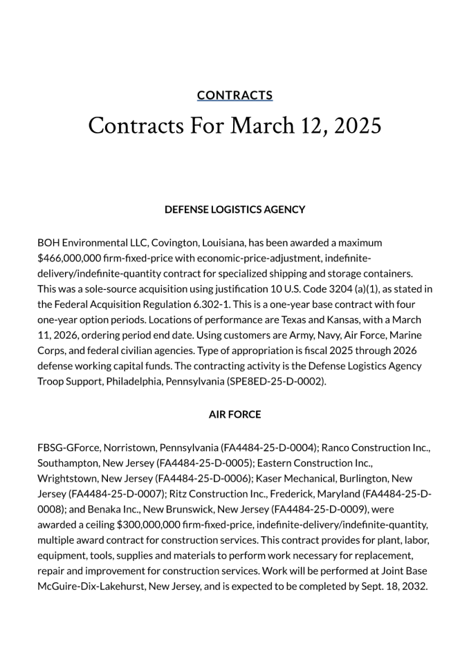CONTRACTS: 美国国防部2025年3月12日项目合同清单