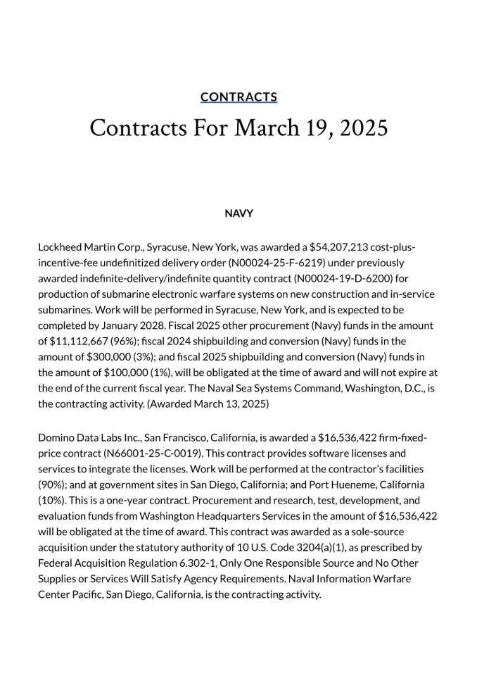 美国国防部2025年3月19日项目合同清单分析