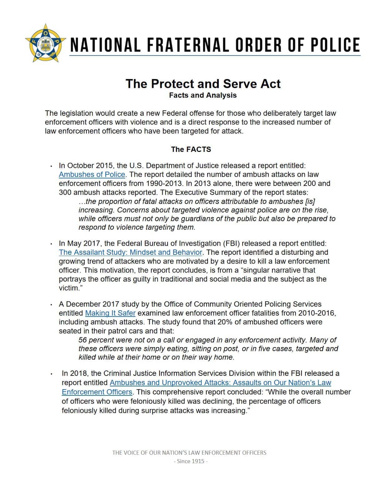 国家警察兄弟会：《保护和服务法》立法分析与执法人员遇袭数据报告