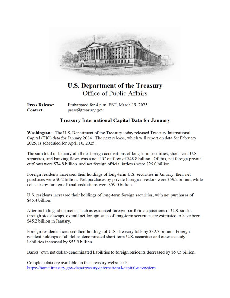 美国财政部发布《2025年1月财政部国际资本（TIC）数据》