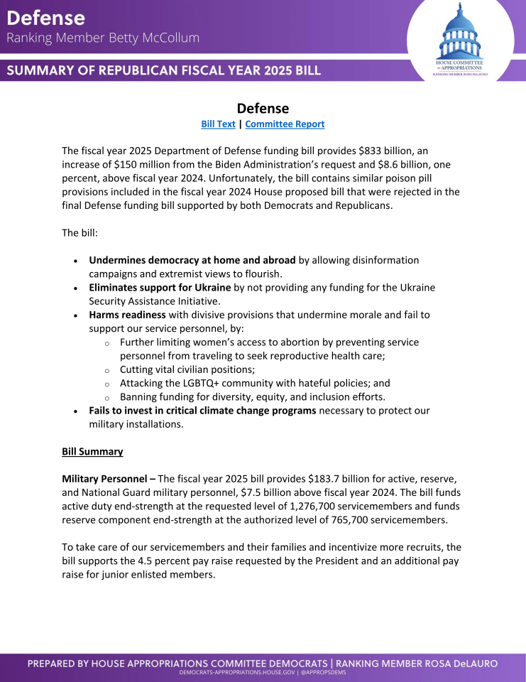 2025财年美国国防部拨款法案共和党版本摘要