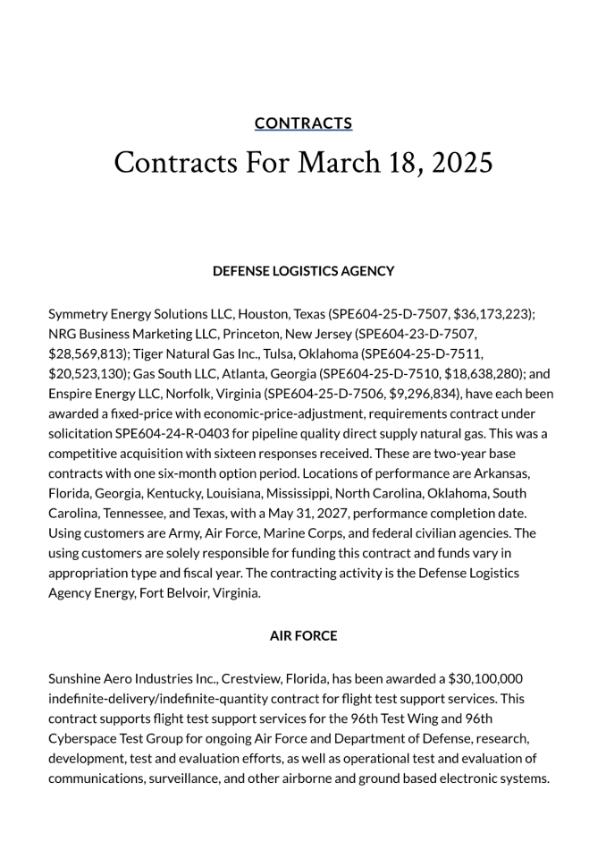 美国国防部2025年3月18日项目合同清单
